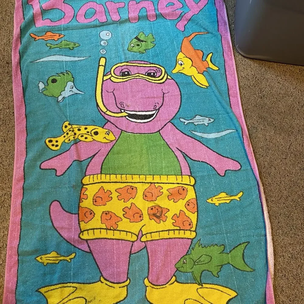 Vintage 1992 Barney Beach Towel 55”x28” Snorkeling Underwater Fishies Colorful
